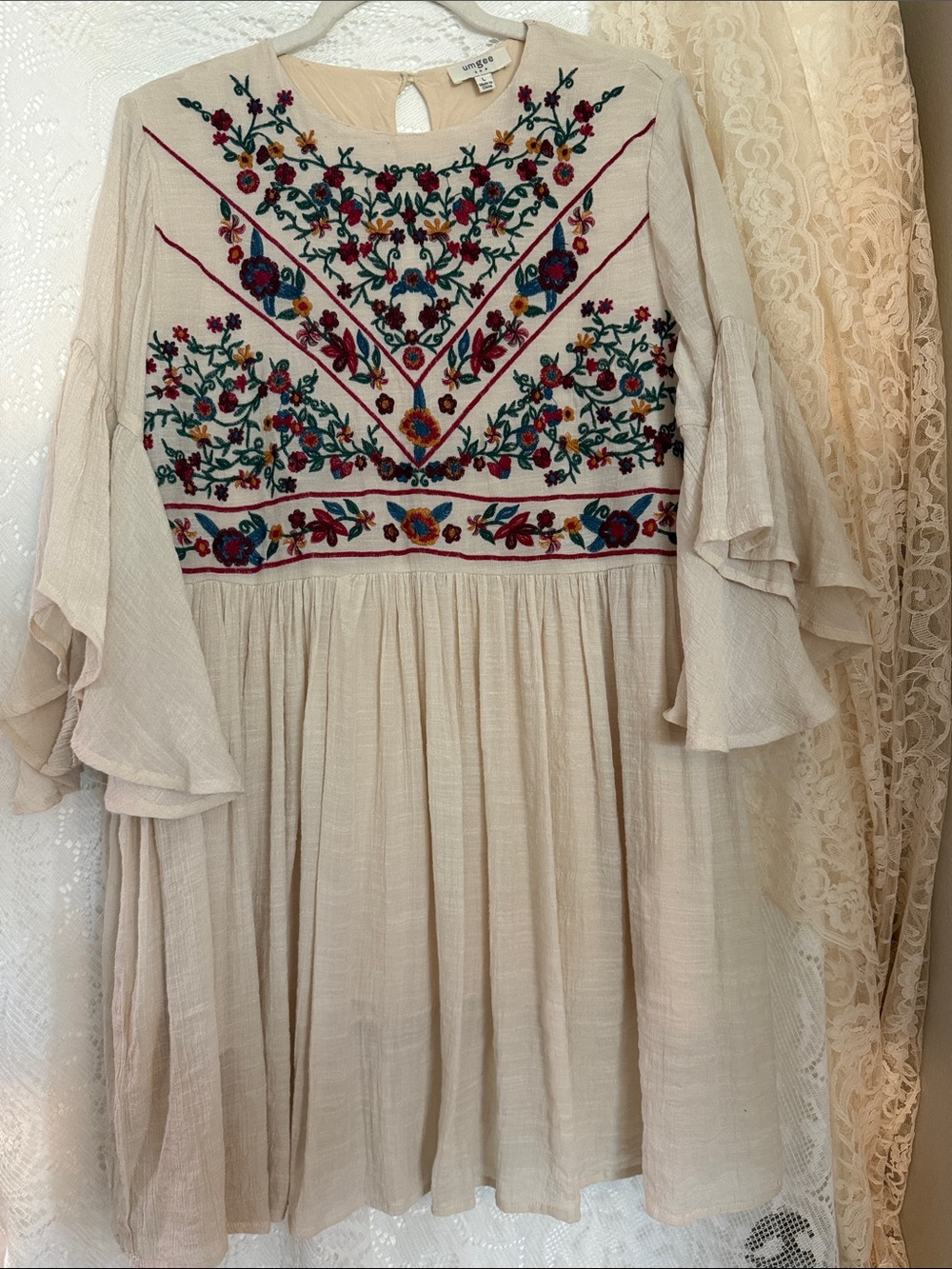 Umgee Cream Boho Embroidered Bell-Sleeve Dress